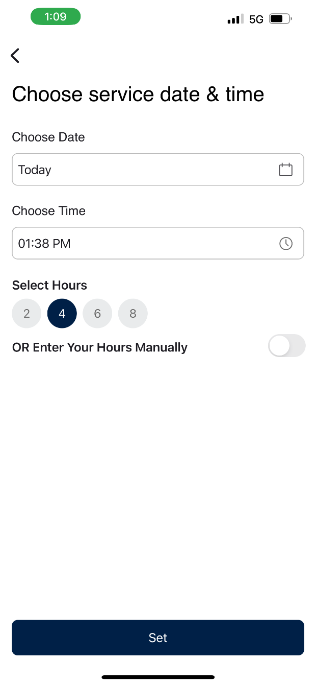 Choose date, time and hours